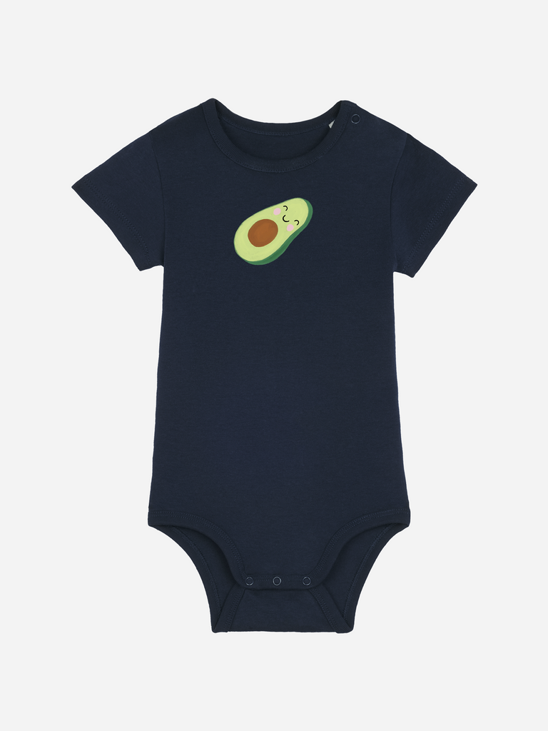 Personalisierter Bio Baby-Body (0–2 J.) in Dunkelblau mit Avocado-Motiv