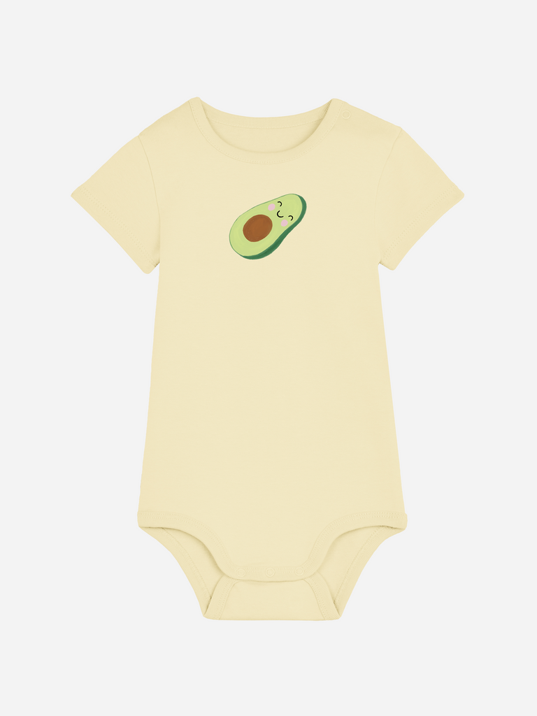 Personalisierter Baby-Body (0–2 J.) in Gelb mit Avocado-Motiv für Jungen und Mädchen, ideal als Babyparty-Geschenk.