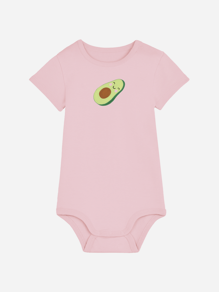 Personalisierter Baby-Body (0–2 J.) in Rosa mit Avocado-Motiv für Jungen und Mädchen.