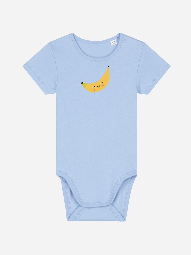 Personalisierter Baby-Body (0–2 J.) in Blau mit fröhlichem 'Banane'-Motiv für den Beikoststart.
