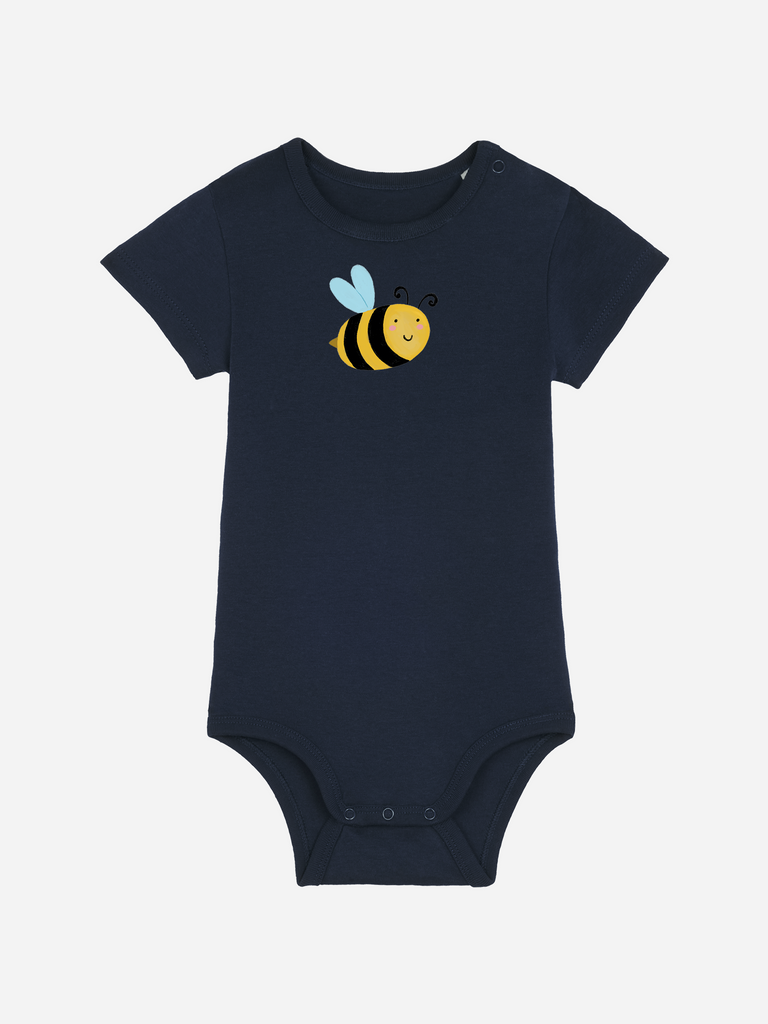 Personalisierter Baby-Body (0–2 J.) in Navy mit niedlicher Biene auf der Vorderseite.