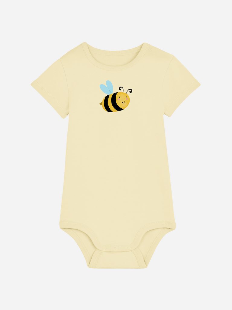 Personalisierter Baby-Body (0–2 J.) in Gelb mit niedlicher Biene als Motiv, ideal als Baby-Geschenk.