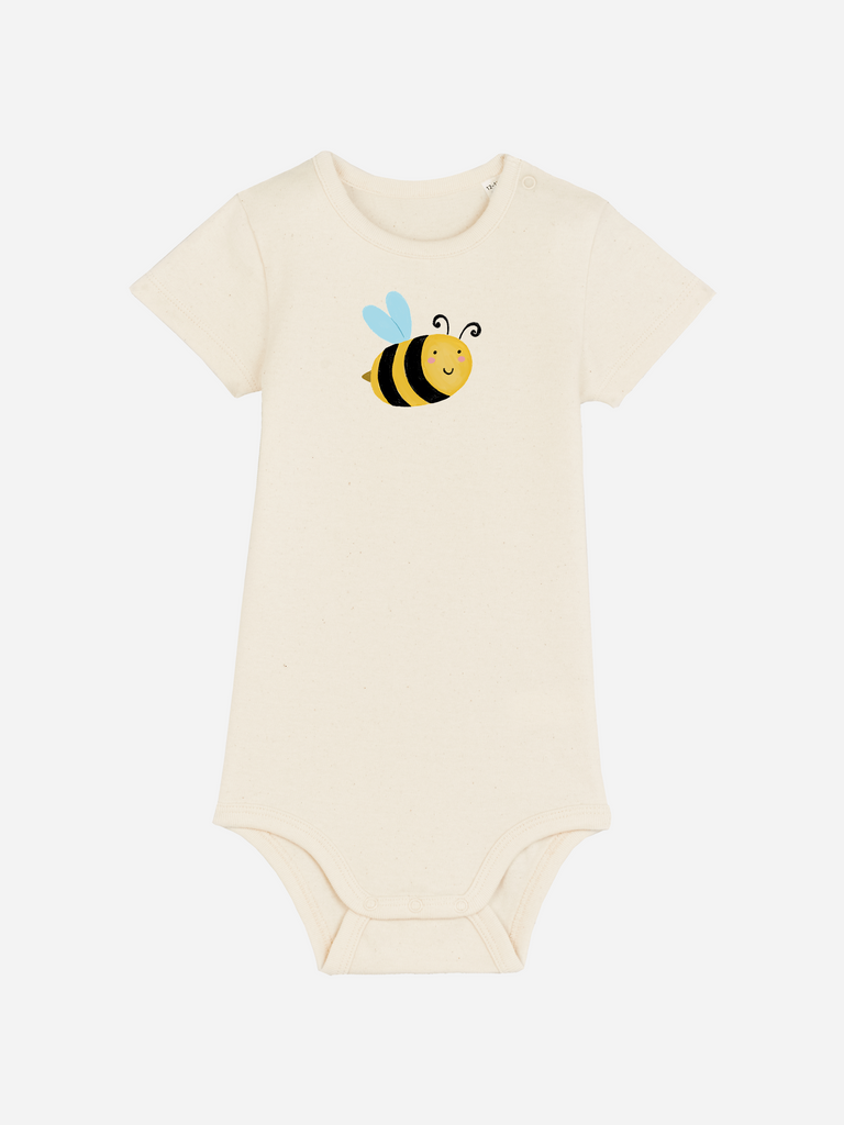Personalisierter Baby-Body (0–2 J.) 'Biene' mit niedlichem Bienen-Motiv auf weißem Hintergrund.