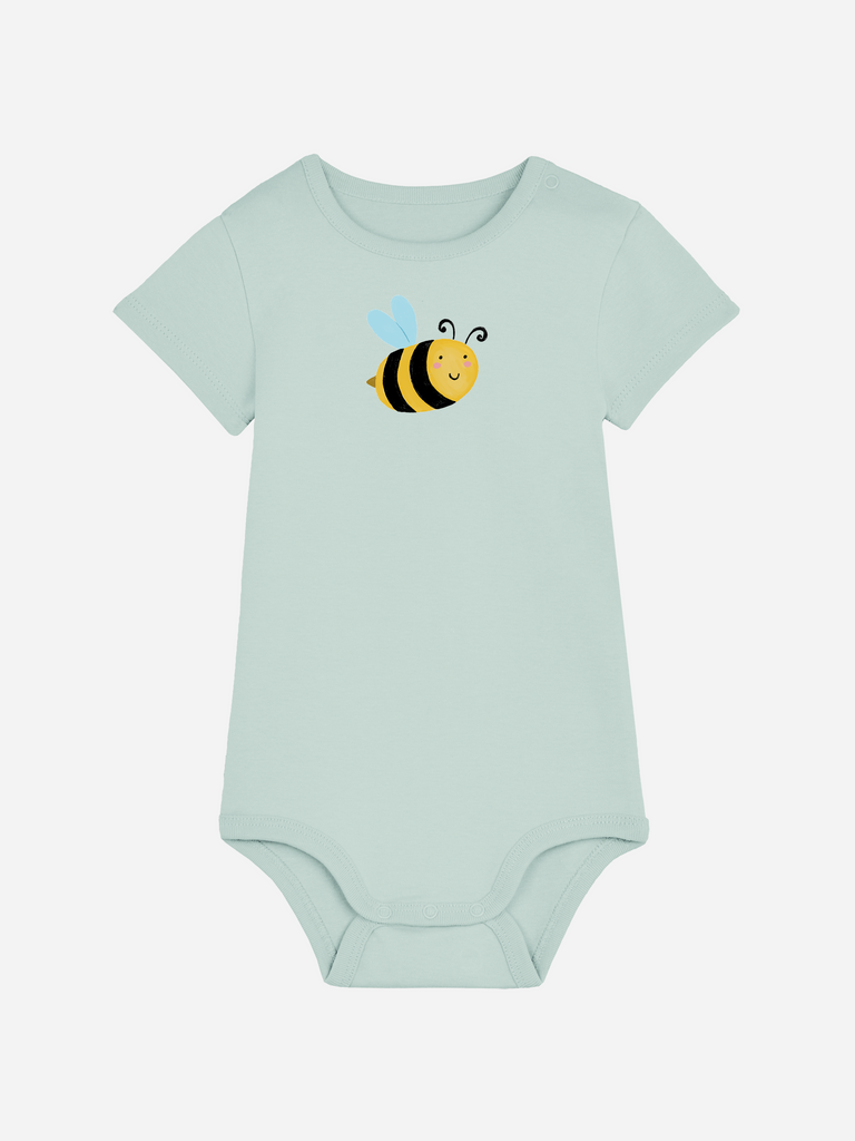 Personalisierter Baby-Body (0–2 J.) mit niedlicher Biene auf grünem Hintergrund, ideales Baby-Geschenk.