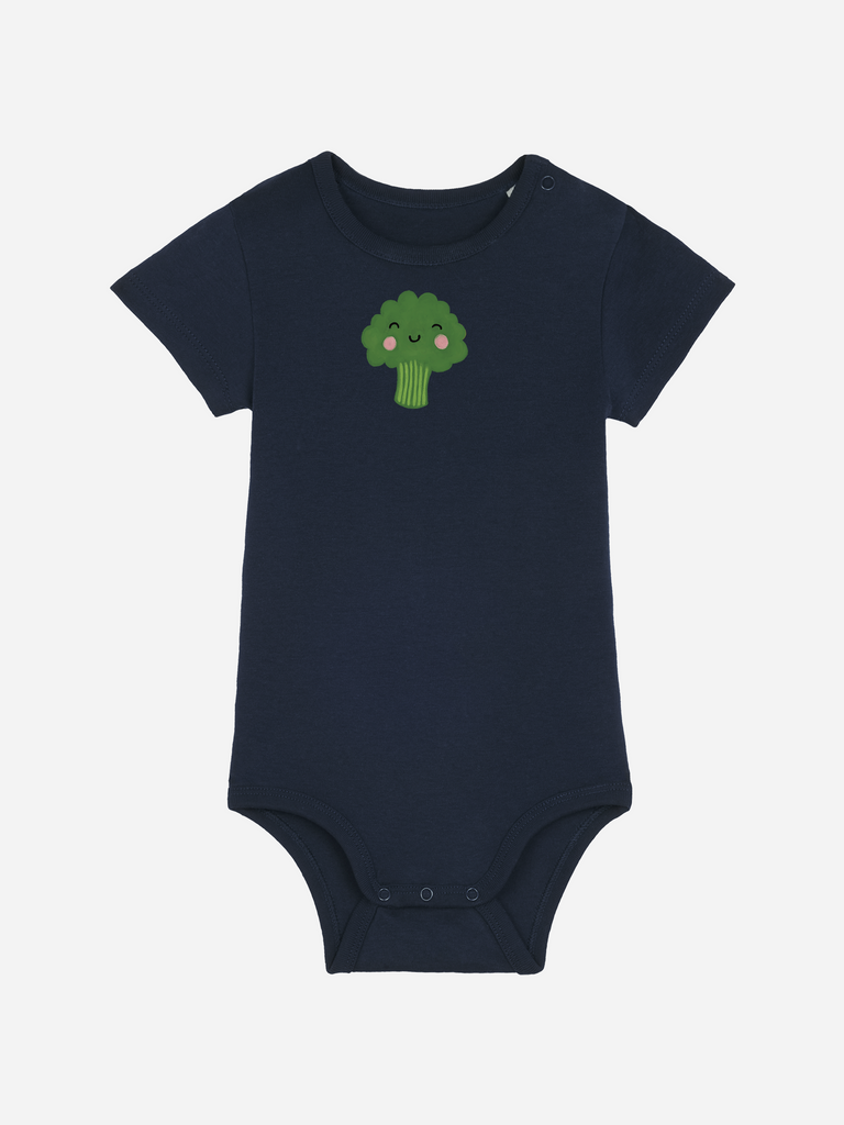 Personalisierter Baby-Body (0–2 J.) 'Brokkoli' in dunkelblau mit fröhlichem Brokkoli-Motiv.