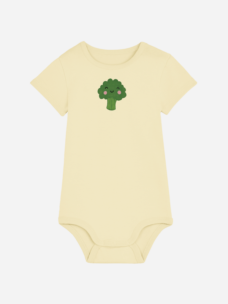 Personalisierter Baby-Body (0–2 J.) mit Brokkoli-Motiv, weicher Bio-Stoff, gelb, einzigartiges Geschenk für Babys.