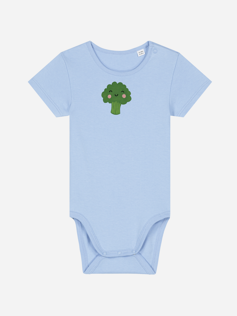 Blauer Baby-Body mit niedlichem Brokkoli-Motiv, personalisierbar für 0-2 Jahre.