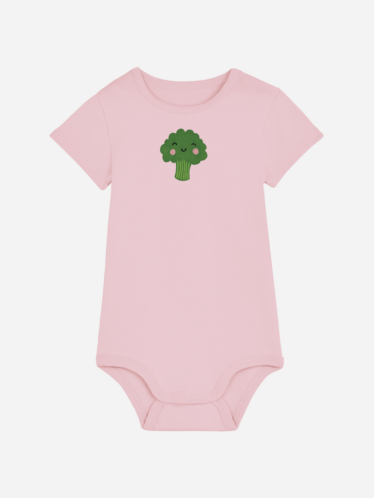 Personalisierter Baby-Body (0–2 J.) in Rosa mit Brokkoli-Motiv für coole Babykleidung.