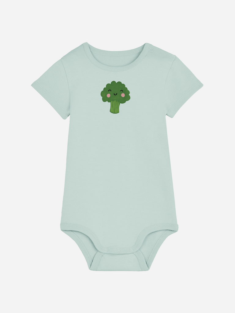 Personalisierter Baby-Body (0–2 J.) in Mint mit Brokkoli-Motiv für süße Babykleidung.