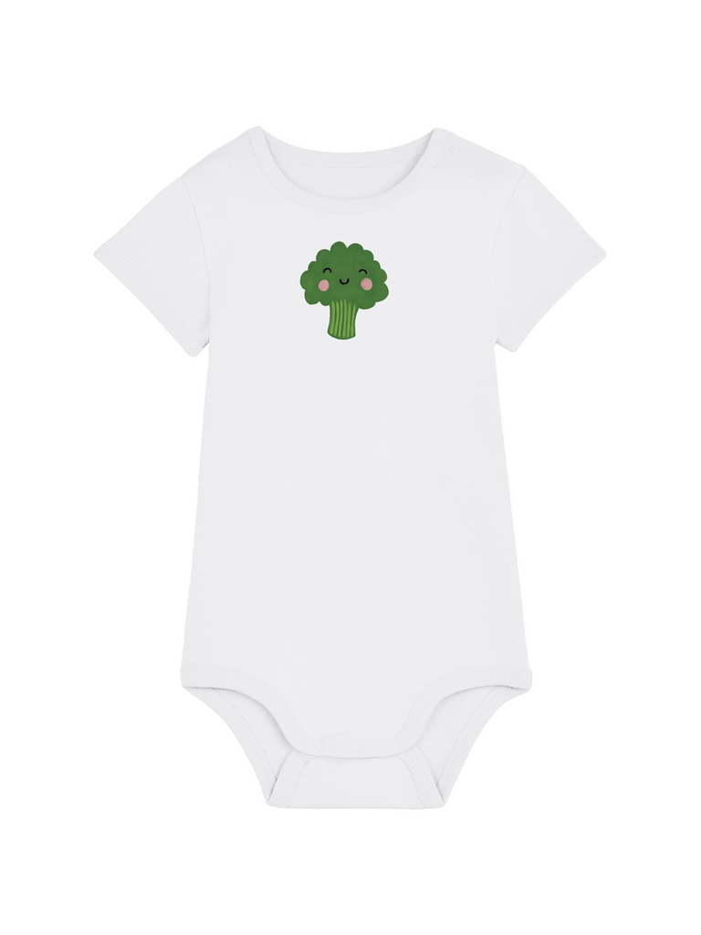 Personalisierter Baby-Body (0–2 J.) mit fröhlichem Brokkoli-Motiv in grün auf weißem Hintergrund.