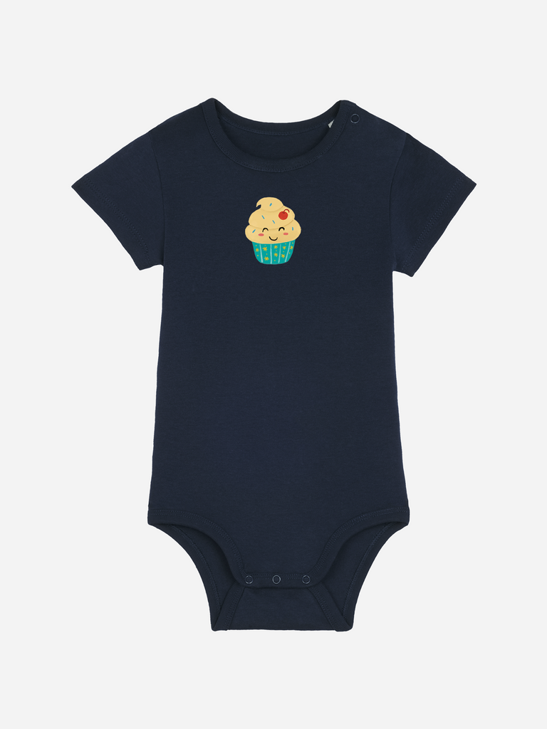 Geschenk zum 1. Geburtstag mit Spruch: Personalisierter Bio Baby-Body (0–2 J.) 'Cupcake' in Dunkelblau, Frontansicht
