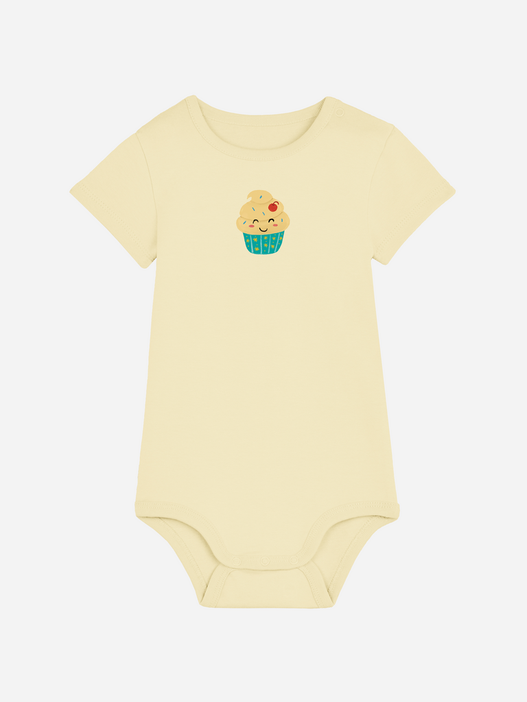 Geschenk zum 1. Geburtstag mit Spruch: Personalisierter Bio Baby-Body (0–2 J.) 'Cupcake' in Gelb, Frontansicht