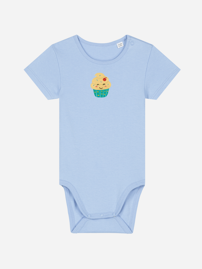 Geschenk zum 1. Geburtstag mit Spruch: Personalisierter Bio Baby-Body (0–2 J.) 'Cupcake' in Blau, Frontansicht