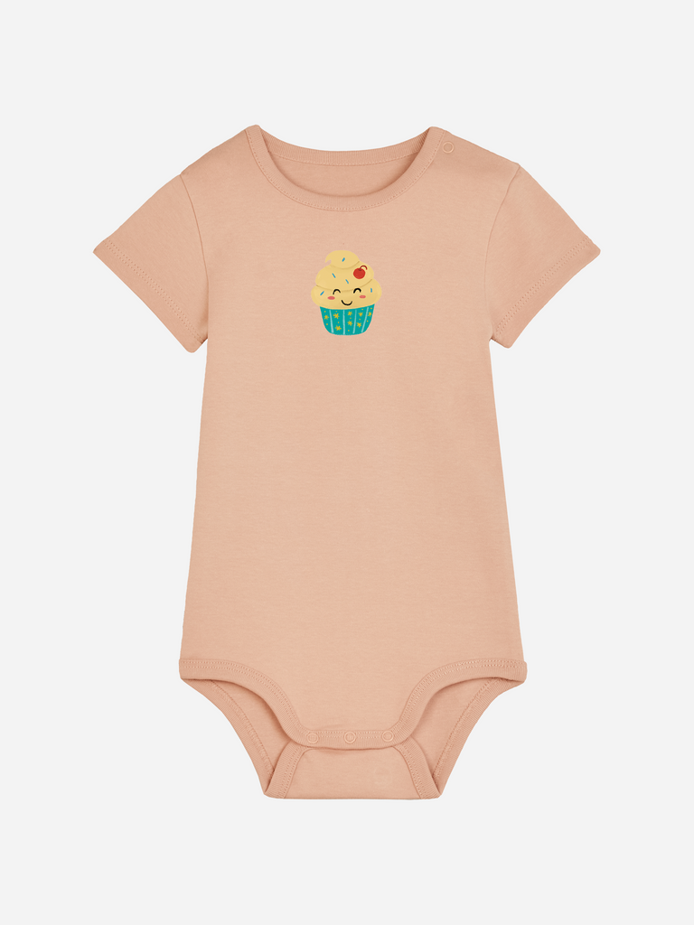 Geschenk zum 1. Geburtstag mit Spruch: Personalisierter Bio Baby-Body (0–2 J.) 'Cupcake' in Orange, Frontansicht