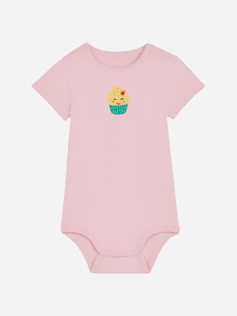 Geschenk zum 1. Geburtstag mit Spruch: Personalisierter Bio Baby-Body (0–2 J.) 'Cupcake' in Rosa, Frontansicht