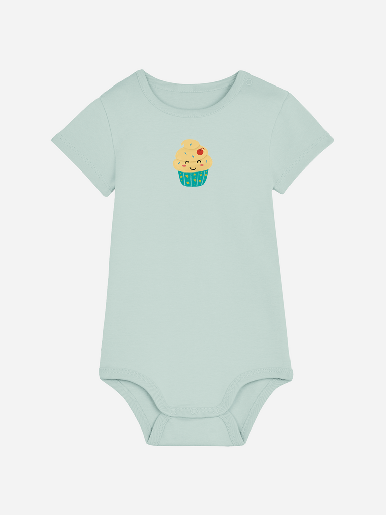 Geschenk zum 1. Geburtstag mit Spruch: Personalisierter Bio Baby-Body (0–2 J.) 'Cupcake' in Türkis, Frontansicht