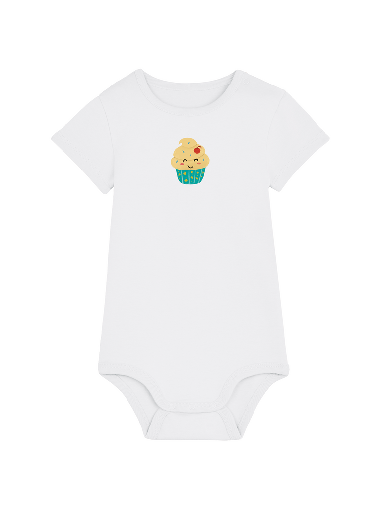 Geschenk zum 1. Geburtstag mit Spruch: Personalisierter Bio Baby-Body (0–2 J.) 'Cupcake' in Weiß, Frontansicht