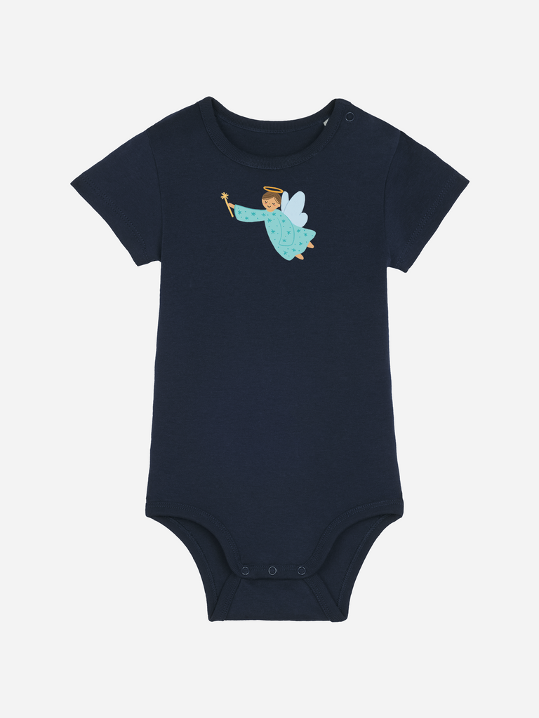 Personalisierter Baby-Body (0–2 J.) 'Schutzengel': Ausgefallenes Taufgeschenk, Frontansicht in Dunkelblau
