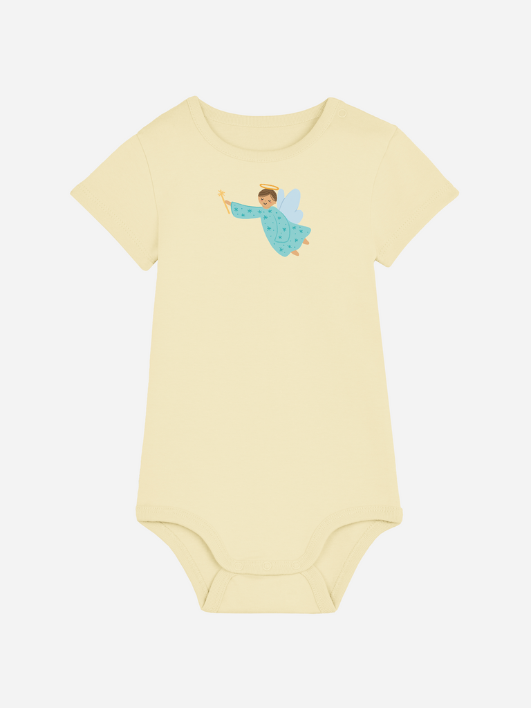 Personalisierter Baby-Body (0–2 J.) 'Schutzengel': Ausgefallenes Taufgeschenk, Frontansicht in Gelb