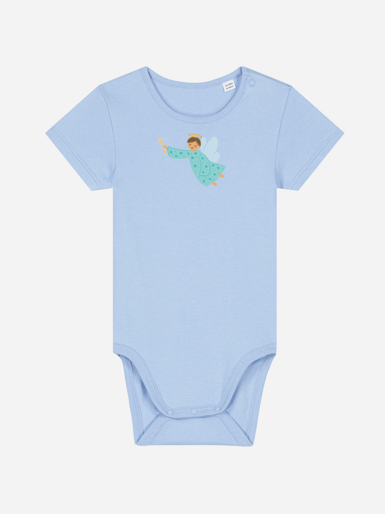 Personalisierter Baby-Body (0–2 J.) 'Schutzengel': Ausgefallenes Taufgeschenk, Frontansicht in Hellblau