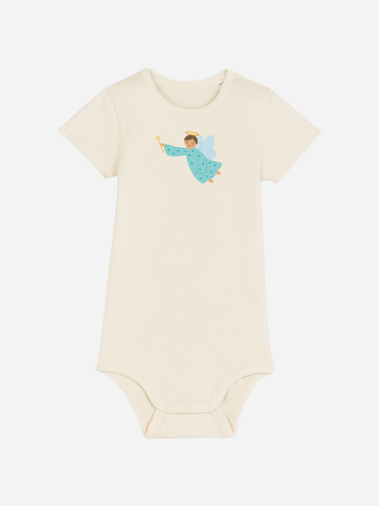 Personalisierter Baby-Body (0–2 J.) 'Schutzengel': Ausgefallenes Taufgeschenk, Frontansicht in Beige