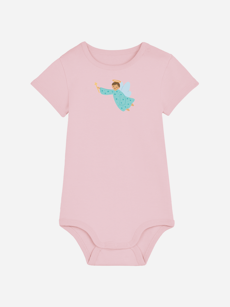 Personalisierter Baby-Body (0–2 J.) 'Schutzengel': Ausgefallenes Taufgeschenk, Frontansicht in Rosa