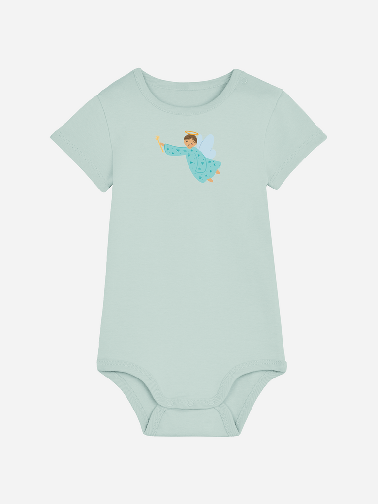 Personalisierter Baby-Body (0–2 J.) 'Schutzengel': Ausgefallenes Taufgeschenk, Frontansicht in Türkis
