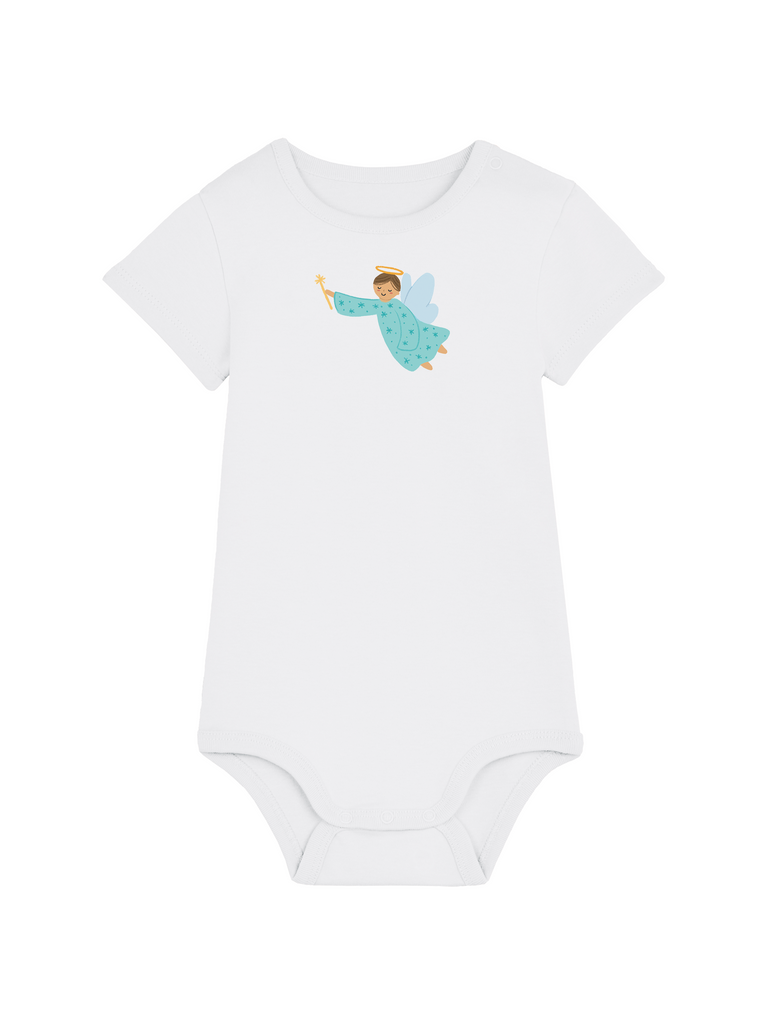 Personalisierter Baby-Body (0–2 J.) 'Schutzengel': Ausgefallenes Taufgeschenk, Frontansicht in Weiß