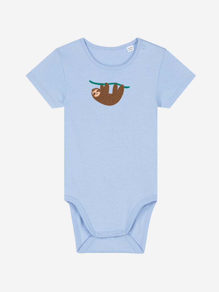 Personalisierter blauer Baby-Body mit Faultier-Motiv für Kinder von 0-2 Jahren.