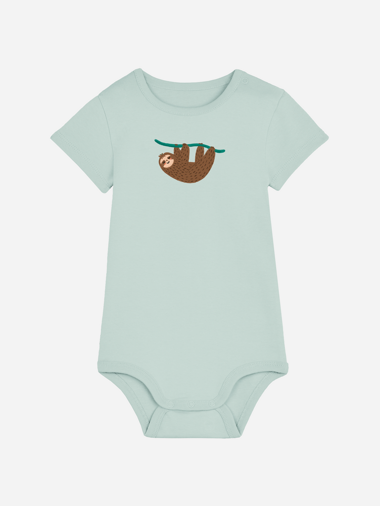 Personalisierter Baby-Body in Mintgrün mit einem gemütlichen Faultier-Design für kleine Träumer.