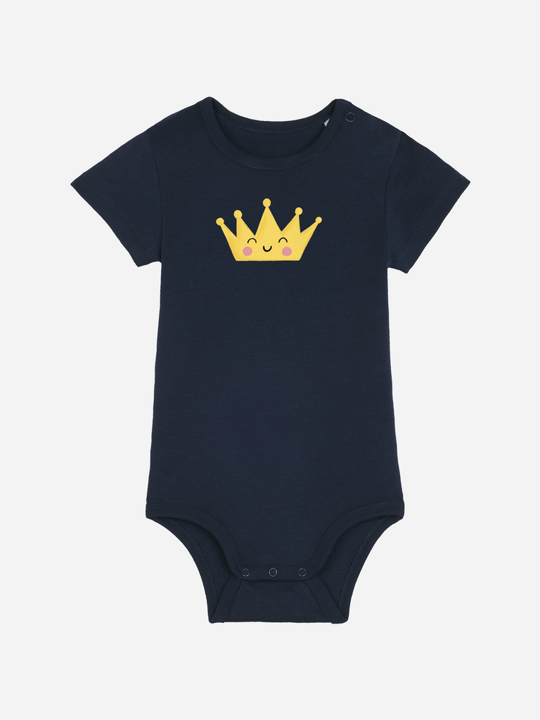 Personalisierter Baby-Body in Dunkelblau mit gelber Krone für kleine Könige und Königinnen.