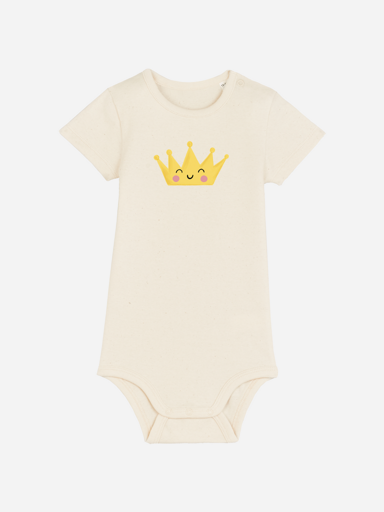 Personalisierter Baby-Body mit gelber Krone für kleine Majestäten, ideal als Geschenk zur Geburt.