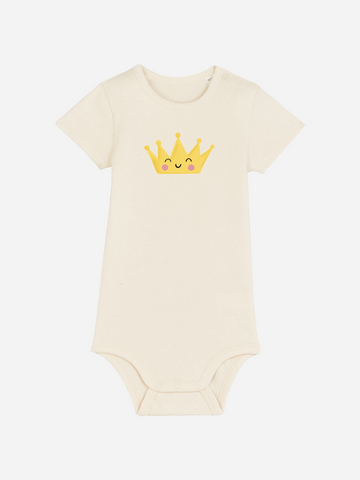 Personalisierter Baby-Body mit gelber Krone für kleine Majestäten, ideal als Geschenk zur Geburt.
