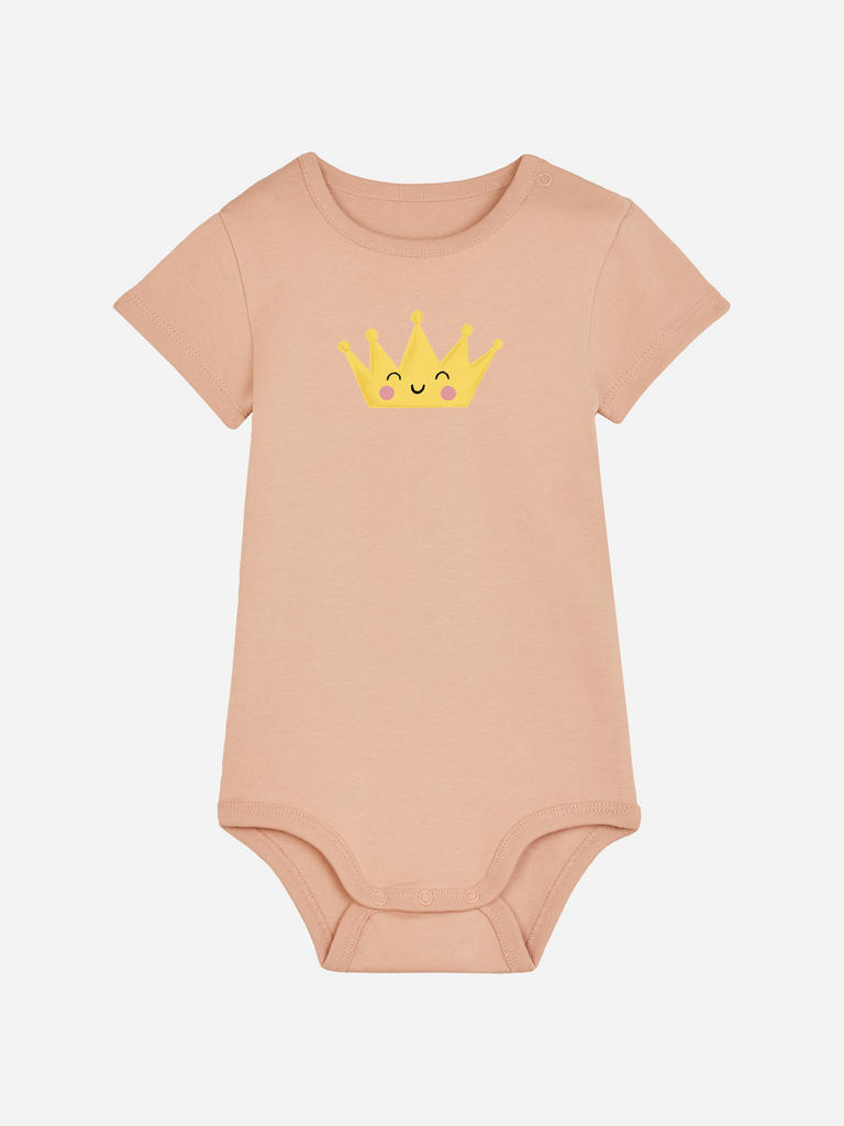 Personalisierter Baby-Body in Pfirsich mit königlicher Krone für Babys von 0 bis 2 Jahren.