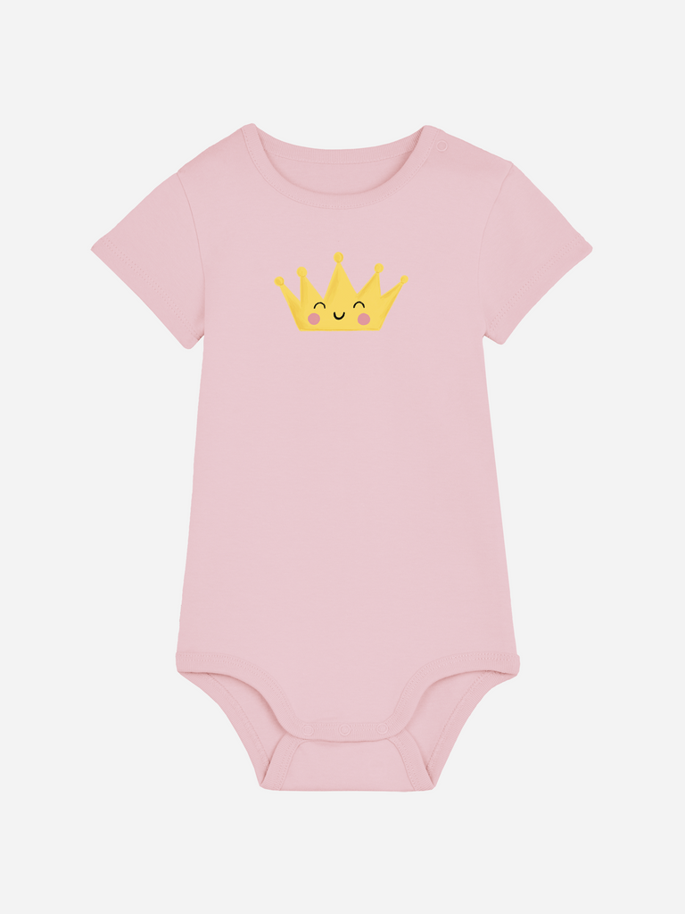 Personalisierter rosa Baby-Body mit gelber Krone, ideal als Geschenk zur Geburt, für kleine Könige und Königinnen.