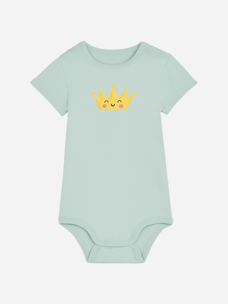 Personalisierter Baby-Body in Mintgrün mit fröhlicher Krone für Kleinkinder von 0–2 Jahren.