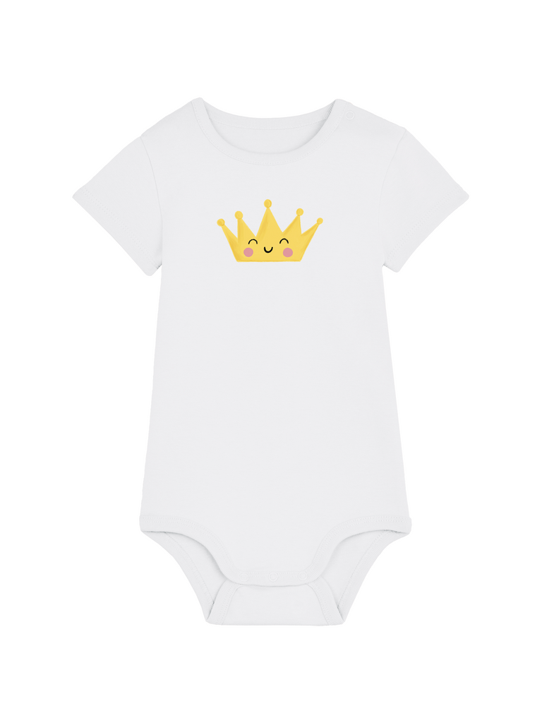 Personalisierter Baby-Body mit fröhlicher Krone für kleine Könige und Königinnen, ideal als Geschenk zur Geburt.