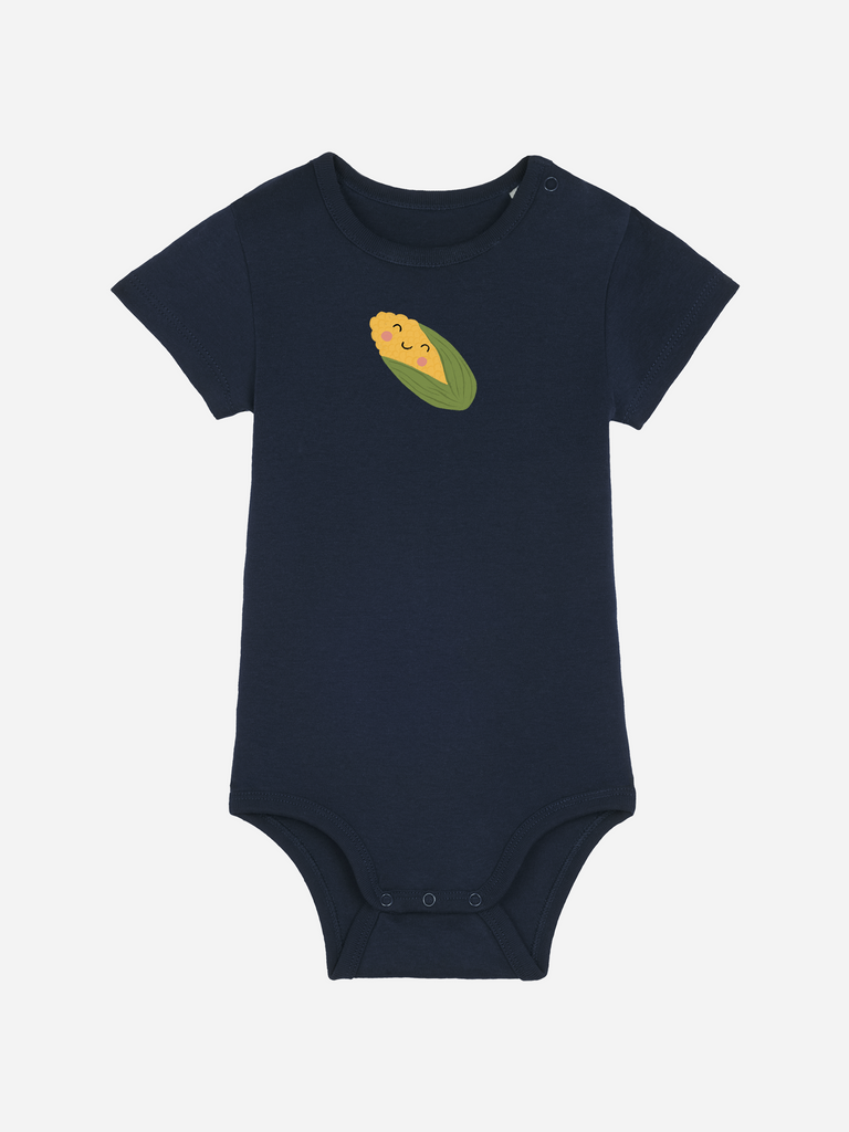 Persönliches Babygeschenk für Mädchen oder Jungen: Personalisierter Baby-Body (0–2 J.) 'Mais', Frontansicht in Dunkelblau
