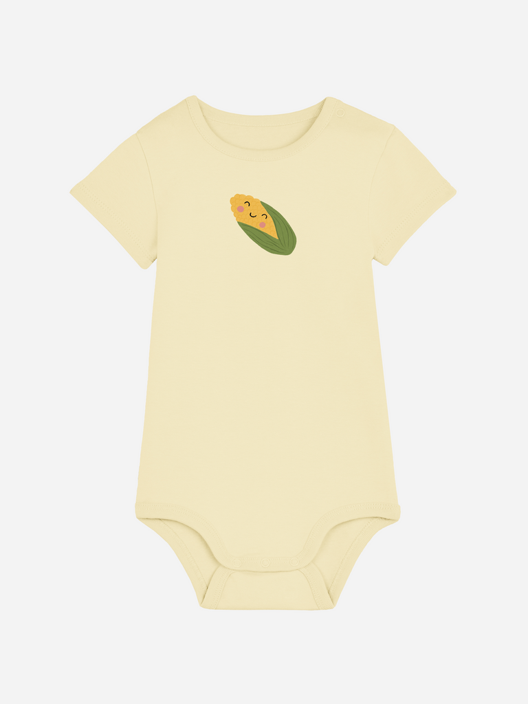 Persönliches Babygeschenk für Mädchen oder Jungen: Personalisierter Baby-Body (0–2 J.) 'Mais', Frontansicht in Gelb