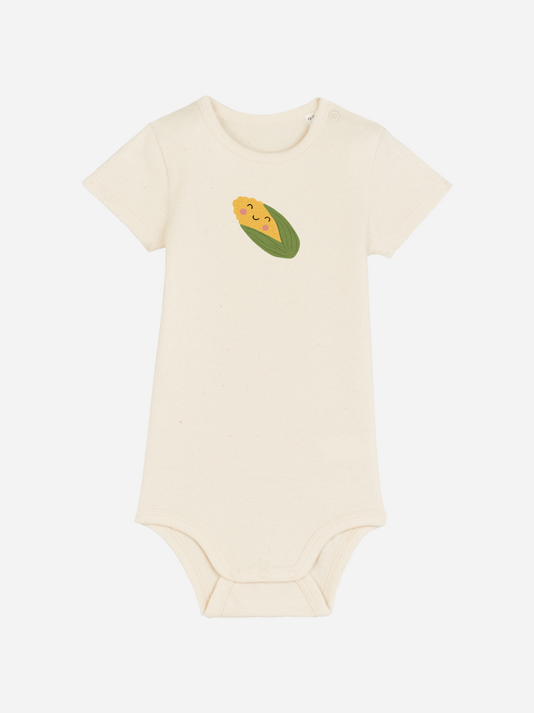 Persönliches Babygeschenk für Mädchen oder Jungen: Personalisierter Baby-Body (0–2 J.) 'Mais', Frontansicht in Beige
