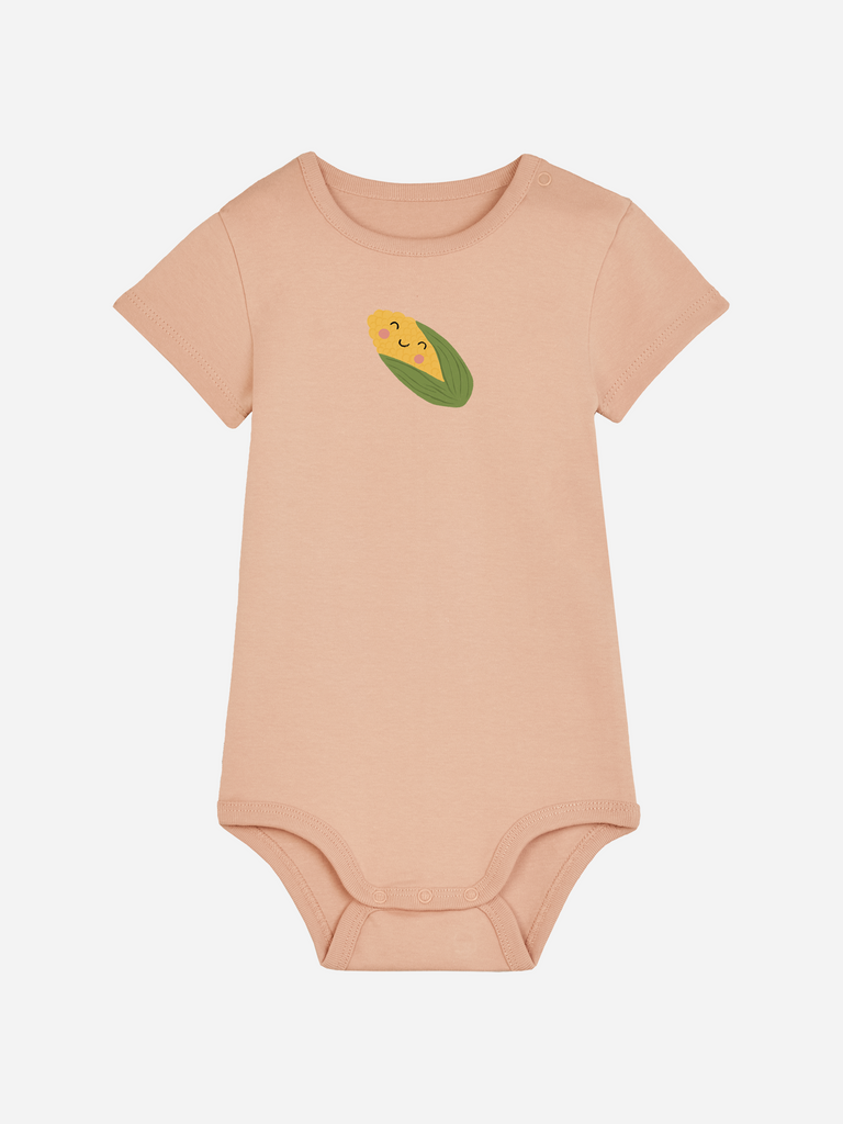 Persönliches Babygeschenk für Mädchen oder Jungen: Personalisierter Baby-Body (0–2 J.) 'Mais', Frontansicht in Orange