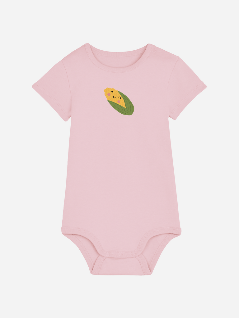 Persönliches Babygeschenk für Mädchen oder Jungen: Personalisierter Baby-Body (0–2 J.) 'Mais', Frontansicht in Rosa