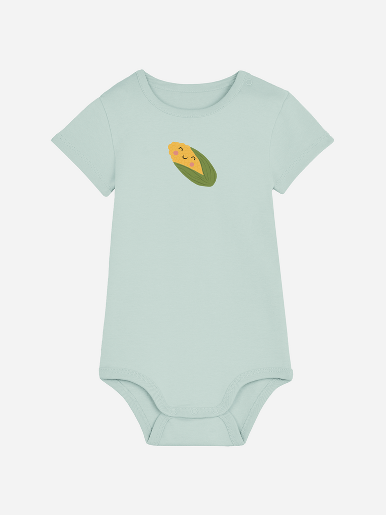 Persönliches Babygeschenk für Mädchen oder Jungen: Personalisierter Baby-Body (0–2 J.) 'Mais', Frontansicht in Türkis