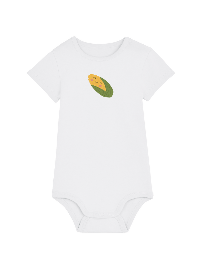 Persönliches Babygeschenk für Mädchen oder Jungen: Personalisierter Baby-Body (0–2 J.) 'Mais', Frontansicht in Weiß