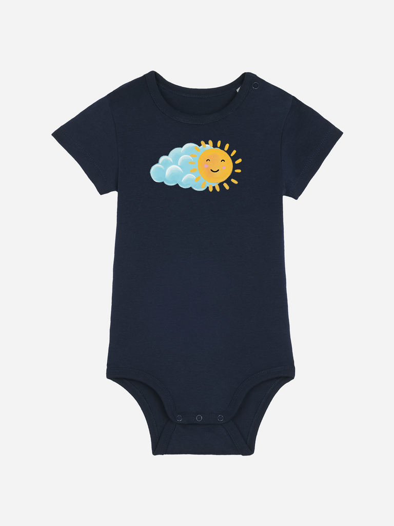 Bleibendes Geschenk zur Geburt oder Taufe: Personalisierter Baby-Body (0–2 J.) 'Sonne', Frontansicht in Dunkelblau