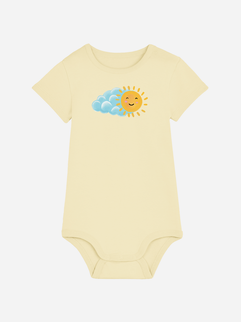 Bleibendes Geschenk zur Geburt oder Taufe: Personalisierter Baby-Body (0–2 J.) 'Sonne', Frontansicht in Gelb