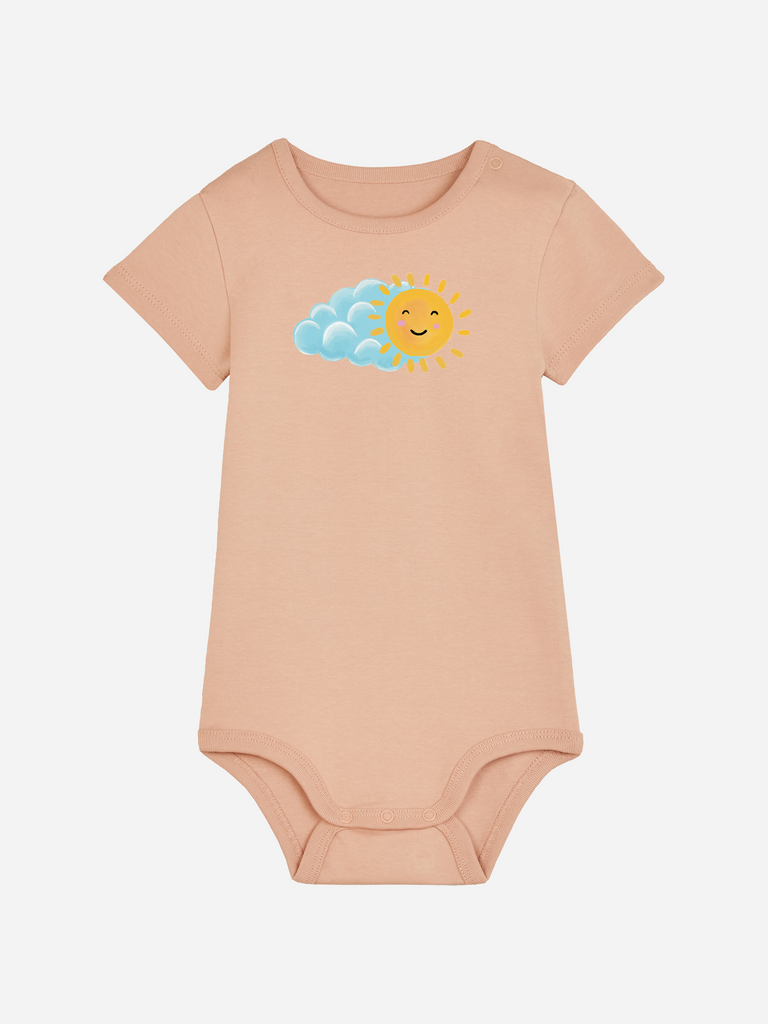 Bleibendes Geschenk zur Geburt oder Taufe: Personalisierter Baby-Body (0–2 J.) 'Sonne', Frontansicht in Orange