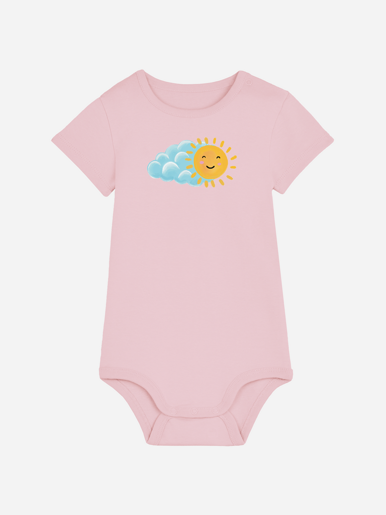 Bleibendes Geschenk zur Geburt oder Taufe: Personalisierter Baby-Body (0–2 J.) 'Sonne', Frontansicht in Rosa