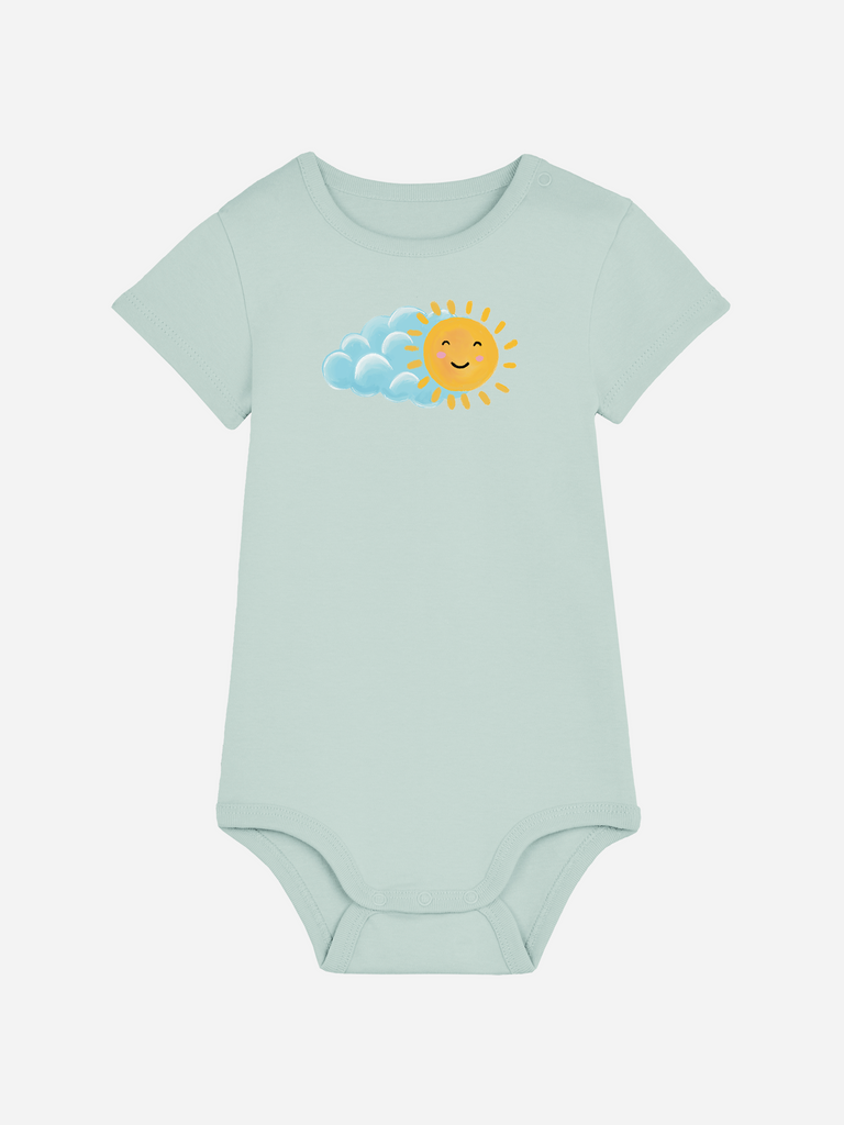 Bleibendes Geschenk zur Geburt oder Taufe: Personalisierter Baby-Body (0–2 J.) 'Sonne', Frontansicht in Türkis