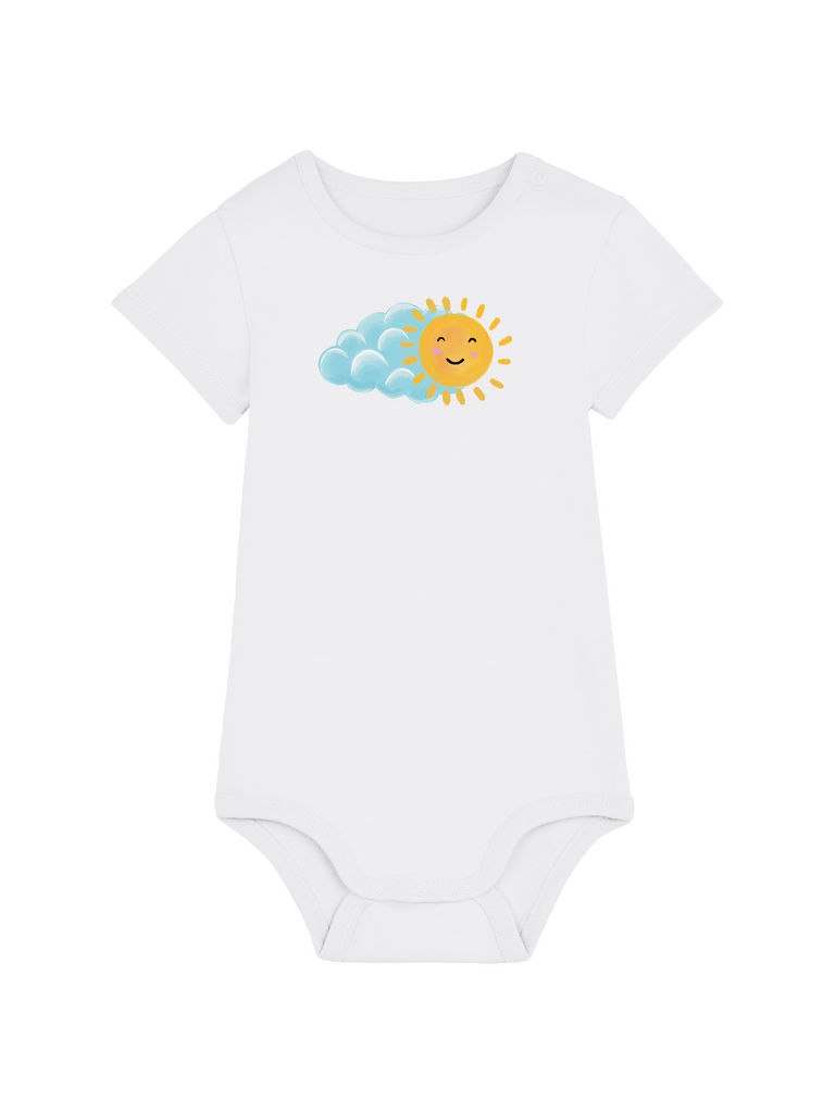 Bleibendes Geschenk zur Geburt oder Taufe: Personalisierter Baby-Body (0–2 J.) 'Sonne', Frontansicht in Weiß